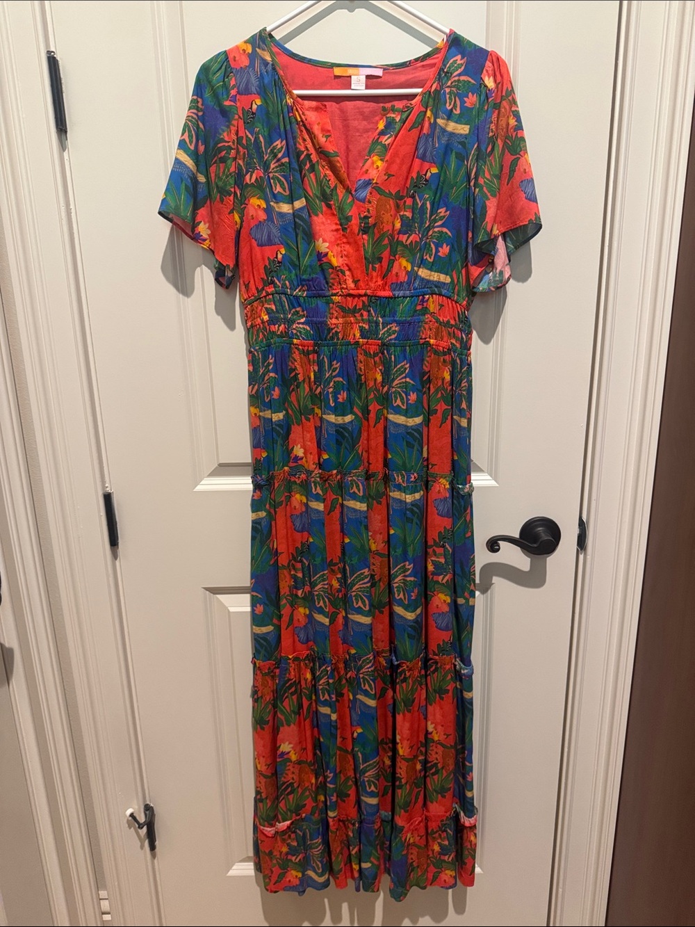 Tropical V-Neck Tiered Maxi Dress - Red & Blue